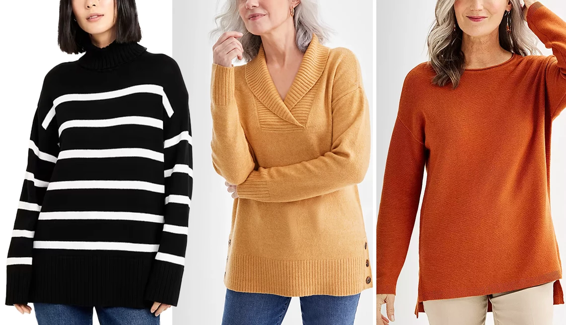 Pick sweaters that solve body problems Old Navy Turtleneck Tunic Sweater in Black/Cream Stripe; Style & Co Women’s Shawl Collar Button-Hem Sweater in Icy Coffee; Croft & Barrow Women’s Relaxed Boatneck Sweater in Orange Feather