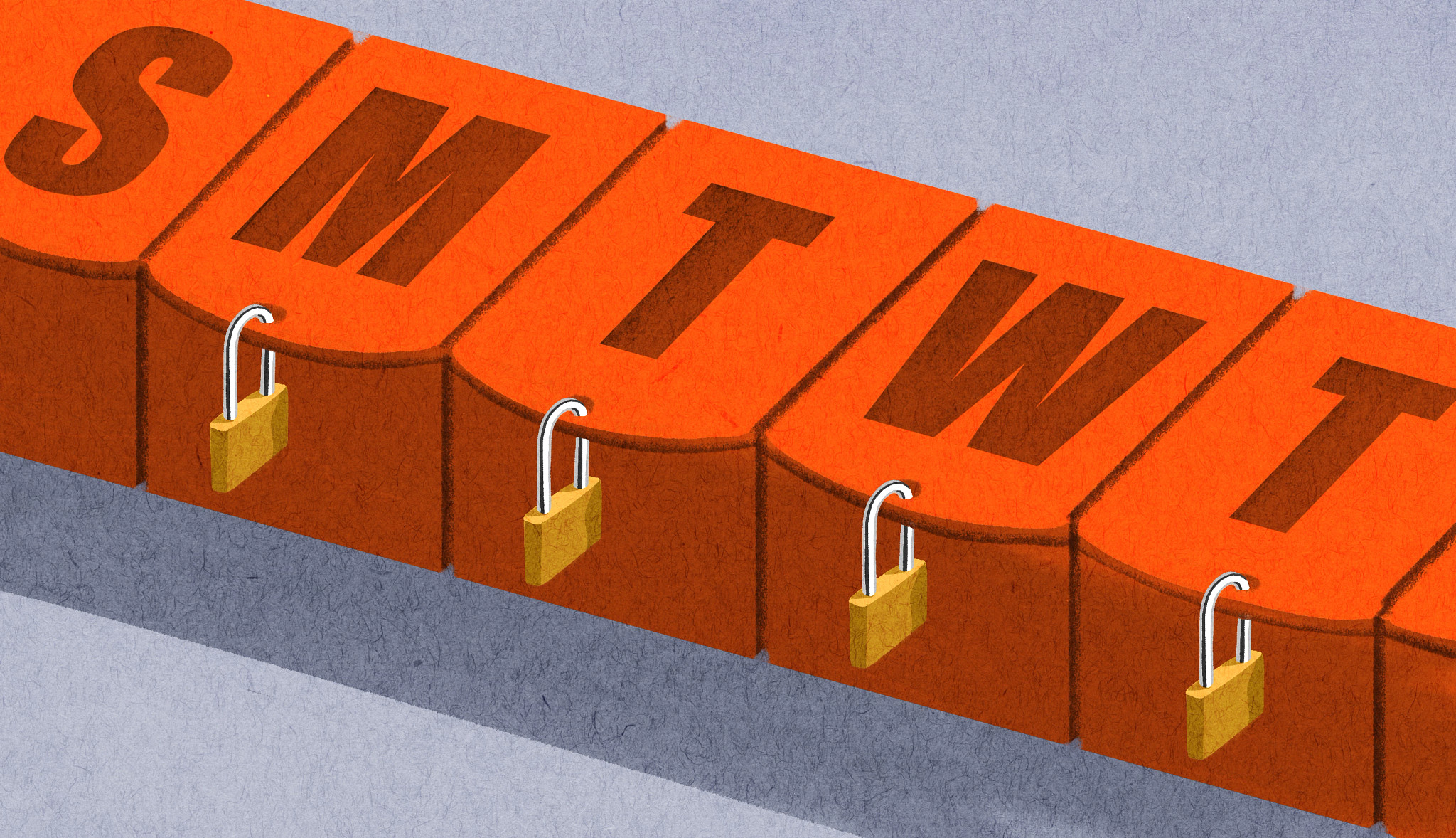 illustration of an orange weekly pill organizer with the days of the week engraved on each lid. Four small gold padlocks are attached to the front of the compartments for Monday through Thursday