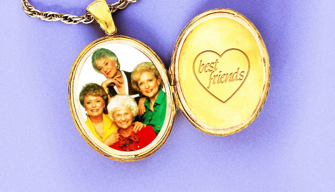 What 'The Golden Girls' Taught Me About Being a Friend the cast of the golden girls in a group photo, inside a locket inscribed with the words best friends