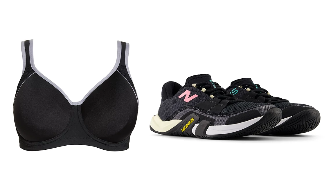 Exercise, yoga and dance sportswear Wacoal Lindsay Sport Underwire T-Shirt Bra in Black/Lilac Gray; New Balance Minimus TR v2 in Phantom with Black and Cyber Jade