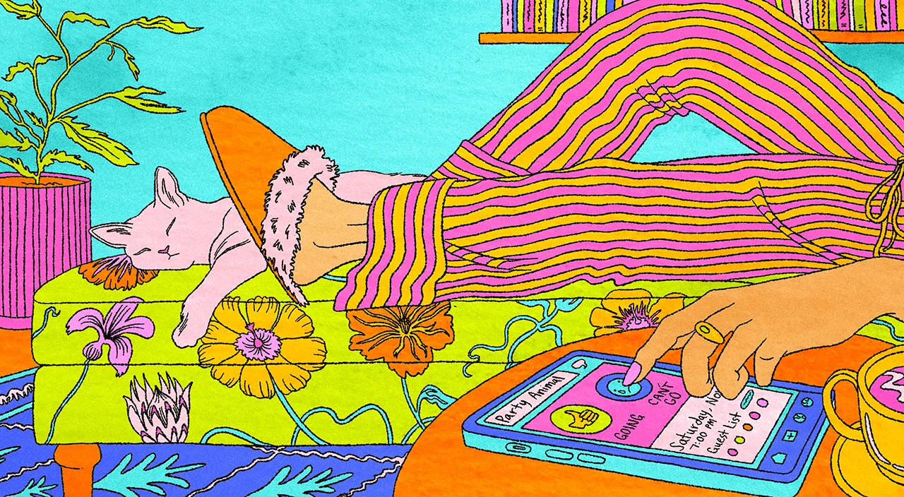 illustration of woman declining invitation on her cell phone