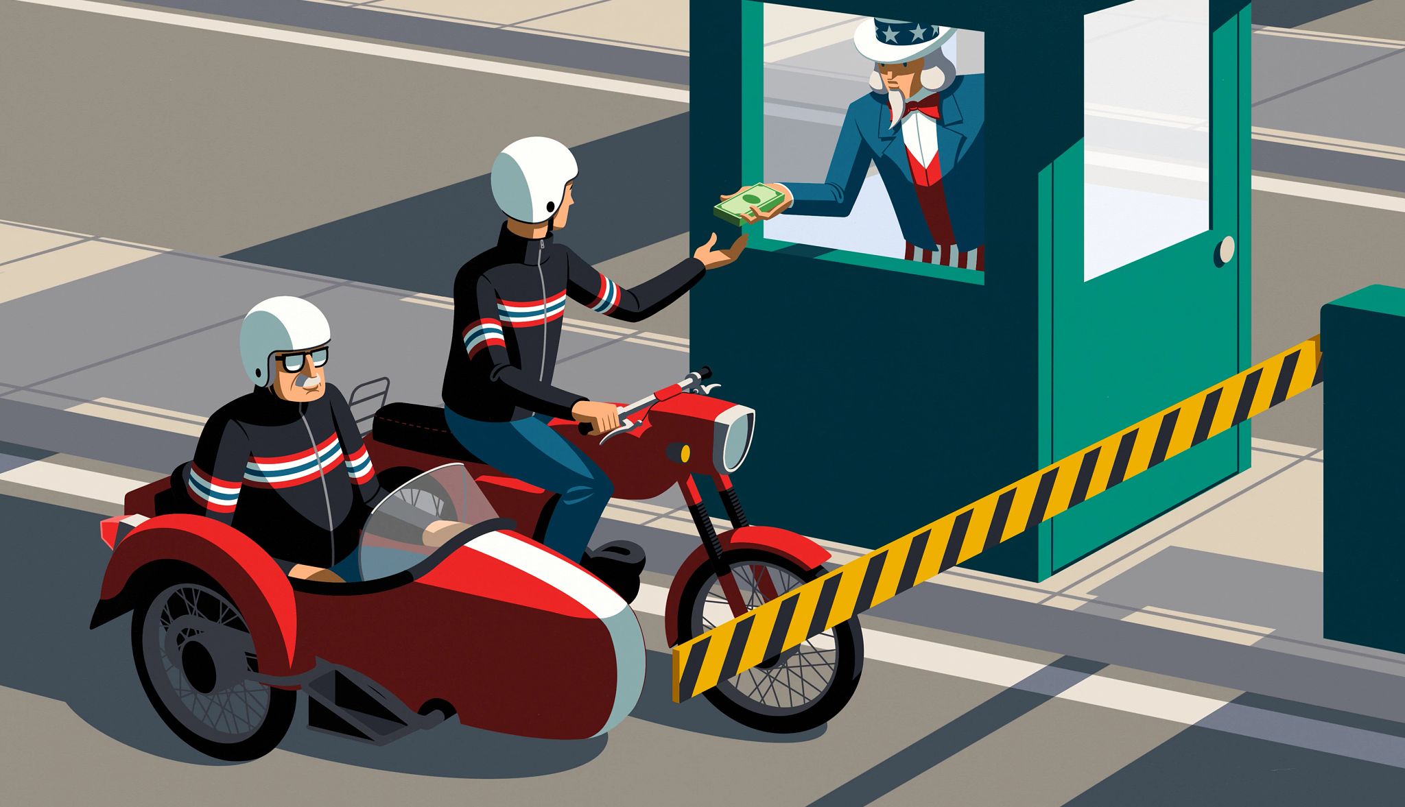 Tax Breaks If You Have an Adult Dependent two people on a motocycle getting money from uncle sam in a booth