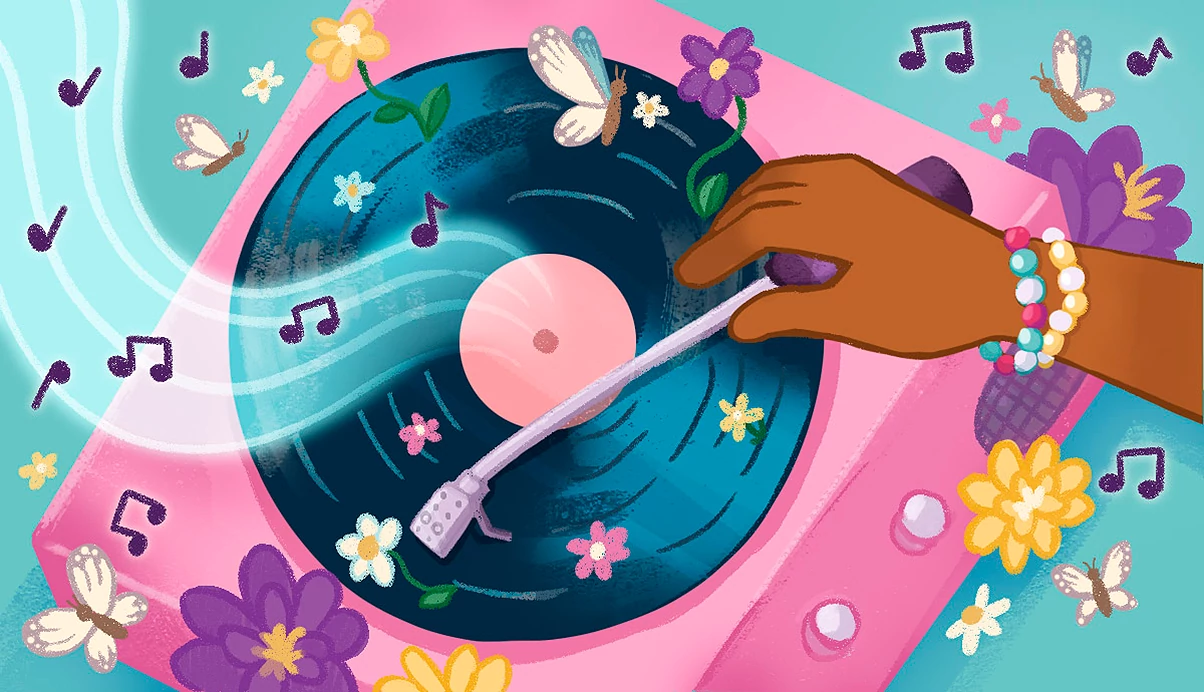 Illustration of a hand placing a needle on a spinning vinyl record, surrounded by flowers, butterflies, and floating musical notes