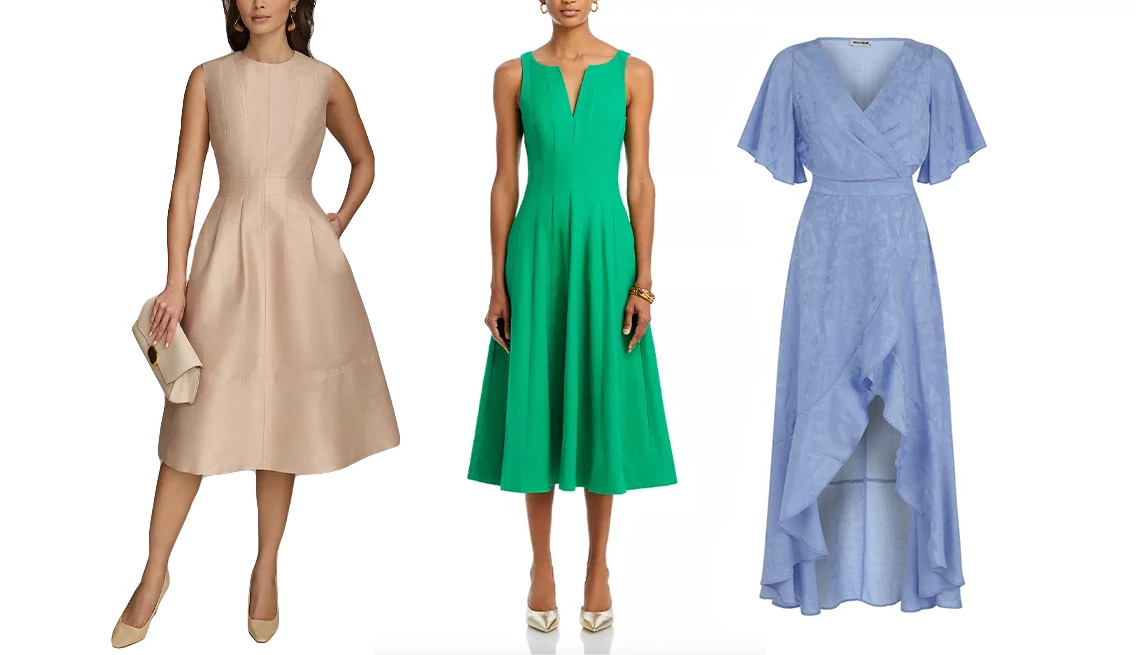 Donna Karan New York Women's Jewel-Neck Sleeveless A-Line Dress in Snow Petal; Aqua Paneled Midi Dress in Green; Nocturne Asymmetric Flounce Dress in Blue