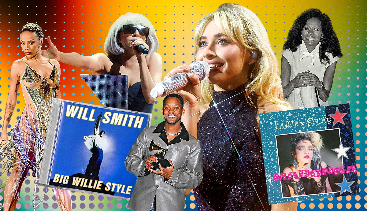 a collage with photos of doja cat, lady gaga, will smith, sabrina carpenter, madonna and diana ross, alongside their album covers