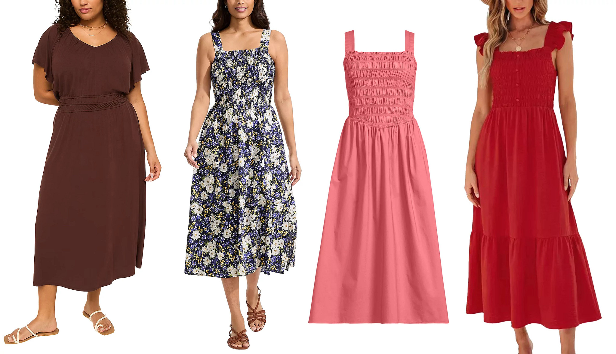a collage with a pink sleeveless dress with a smocked bodice, and three models wearing flattering midi dresses in various colors and patterns