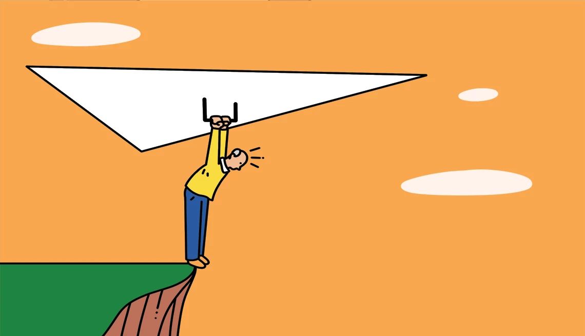 Expand your horizons Illustration of person on high ledge hanging on to something above