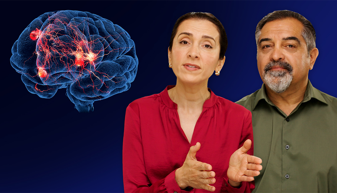 Neurologists and scientists Dean and Ayesha Sherzai of The Brain Docs in front of a background with a brain
