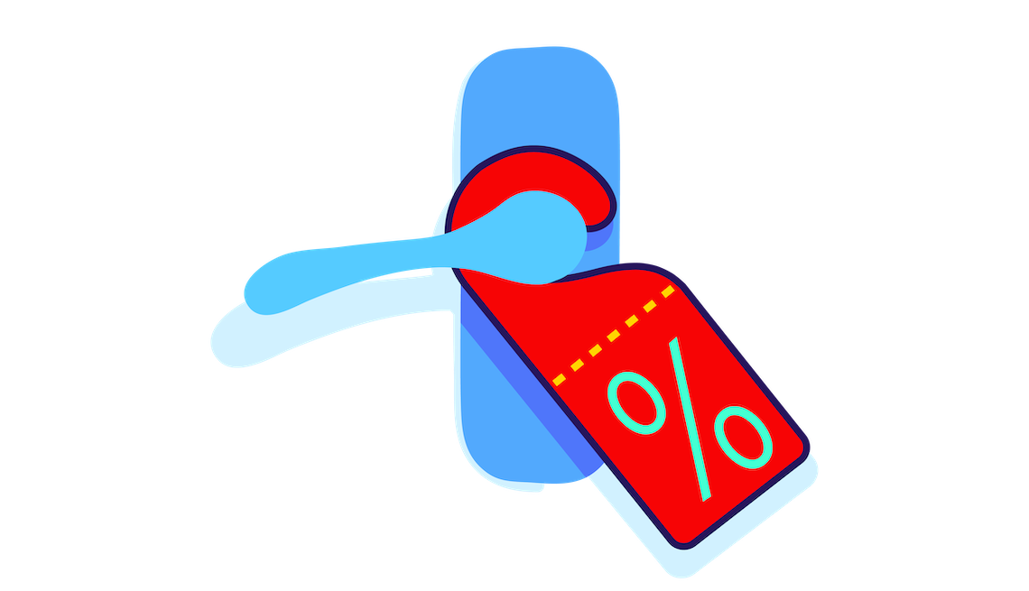 hotel deals illustration of a doorknob with a discount sign hanging off it