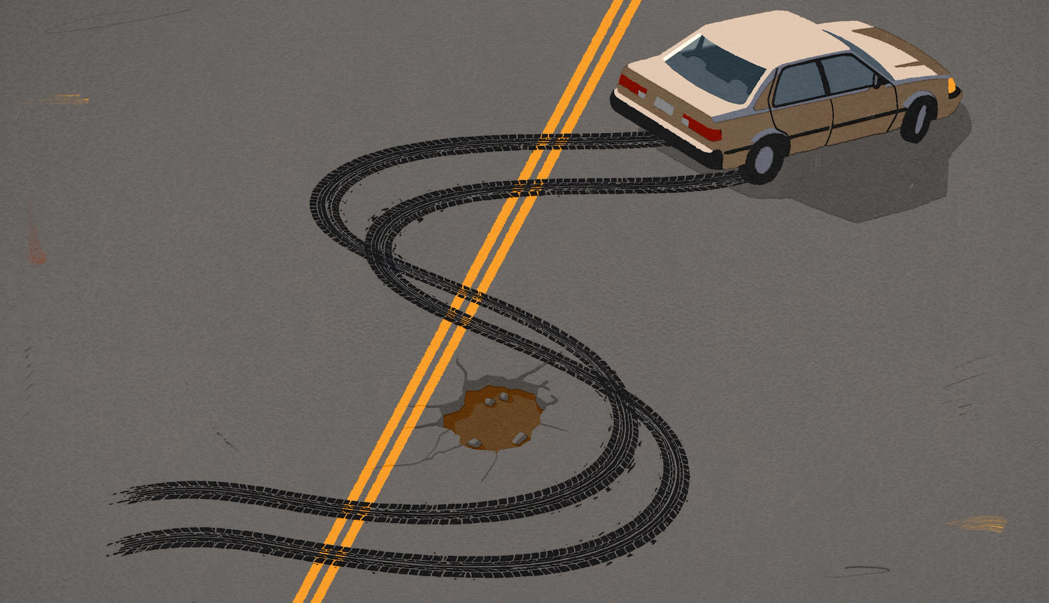 A car leaving tire tracks in the shape of a dollar sign around a pothole on a road.