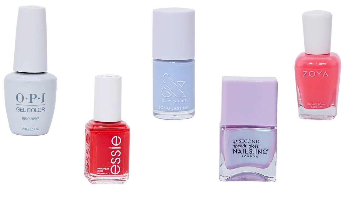 Nail polish OPI Gel Color Nail Polish in Funny Bunny; Essie Nail Color in Geranium; Olive & June Nail Polish in BP; Nails.INC 45 Second Speedy Gloss in Lana; Zoya Beachy Brights Neon Nail Polish Collection in Loni