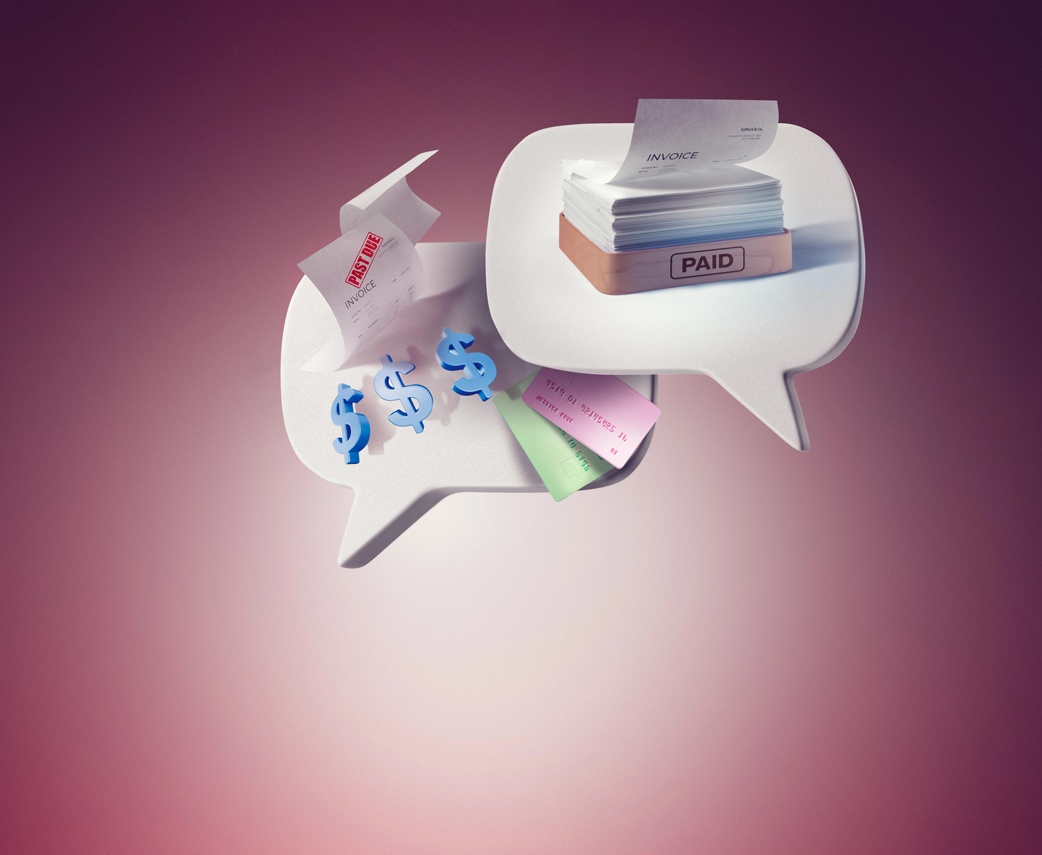 two speech bubbles full of bills and credit cards, symbolizing the need to talk about financial worries