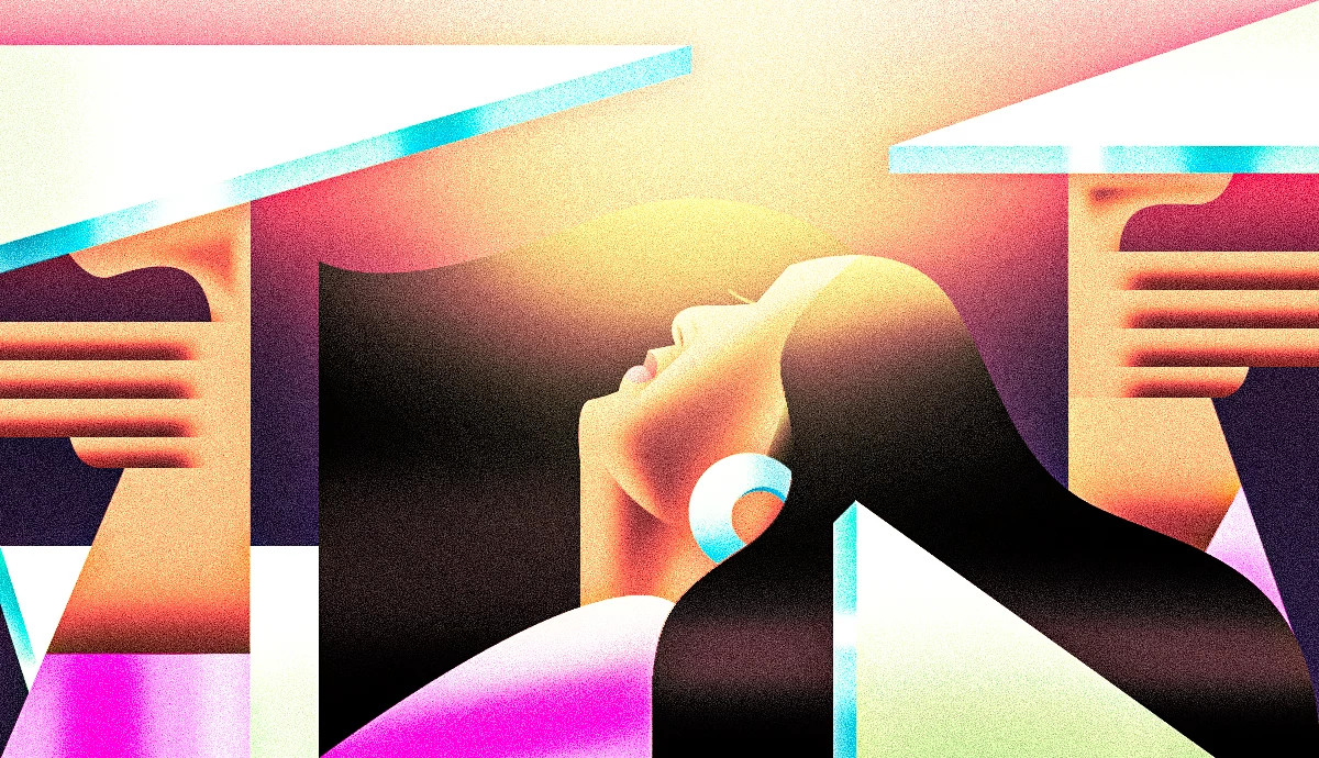 A graphic illustration shows a woman with large hoop earrings leaning backward among various geometric shapes