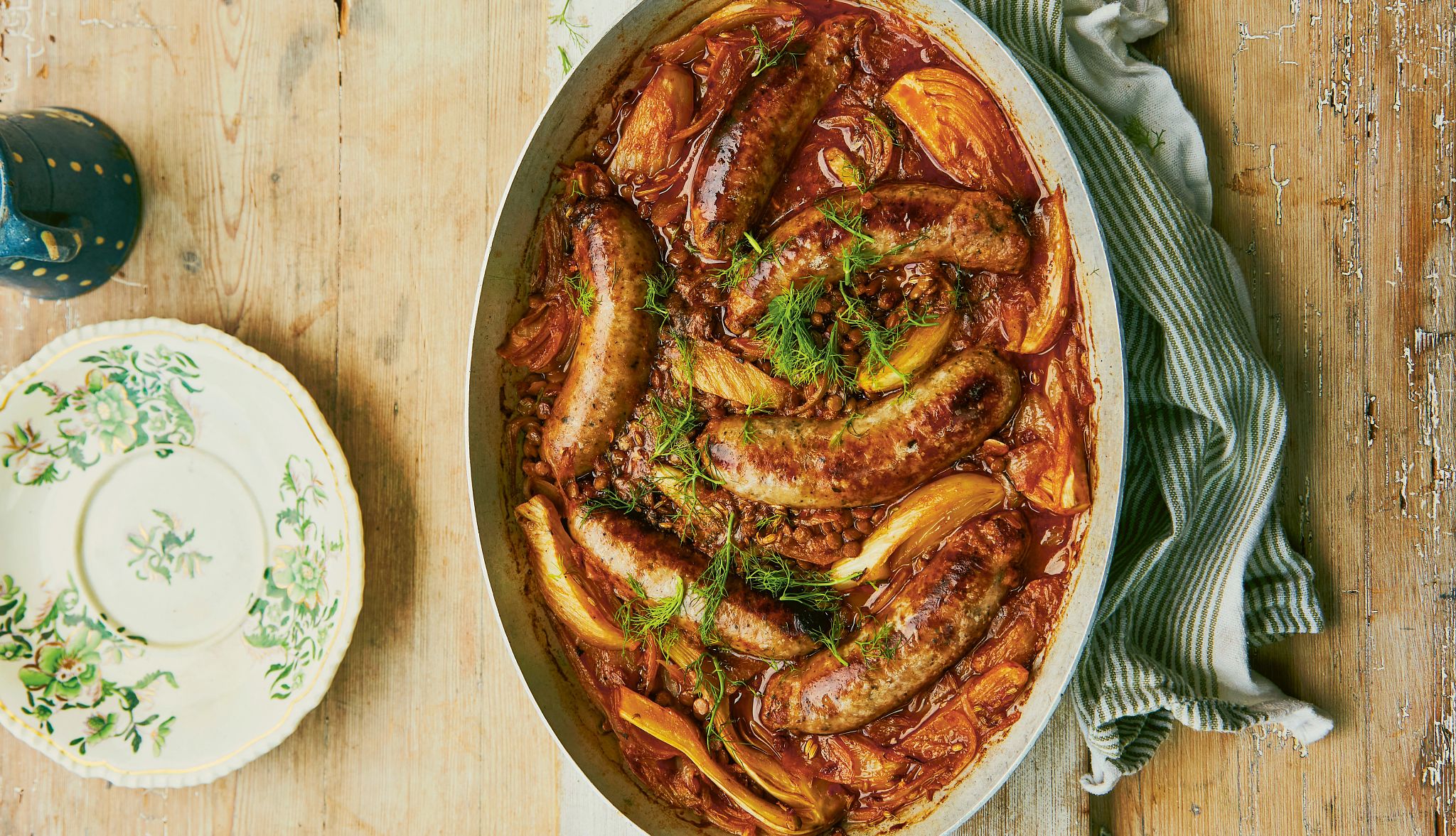 Braised Sausage, Lentils and Fennel Braised Sausage, Lentils and Fennel in a dish