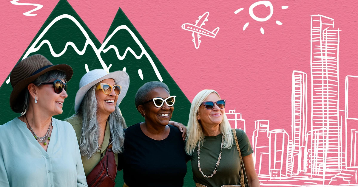 Four women standing together outdoors, dressed in casual travel attire with hats and handbags. The background features illustrated mountains, a city skyline, an airplane, and a sun, symbolizing travel and adventure.