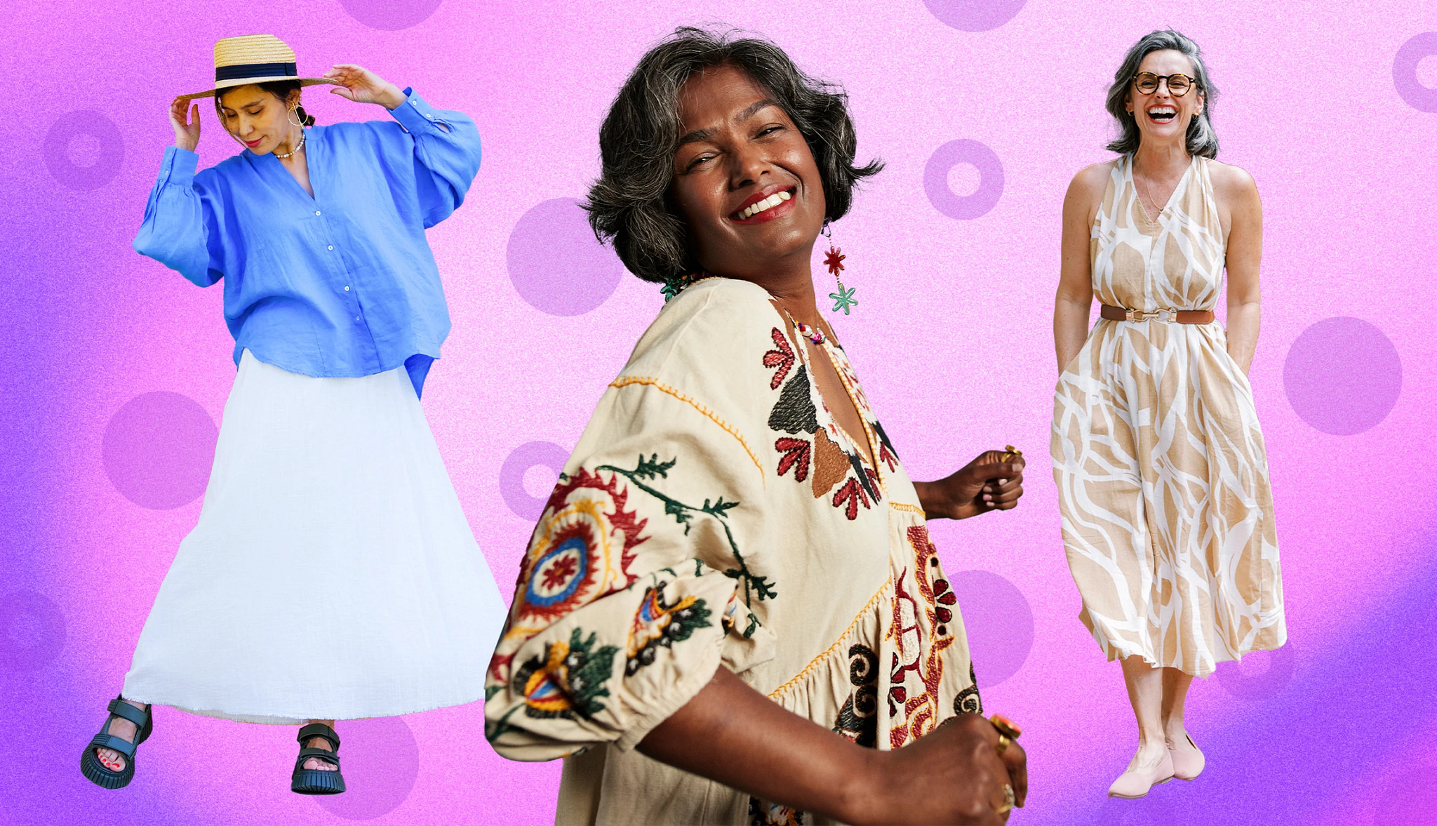 Collage featuring three adults modeling different outfits against a pink patterned background