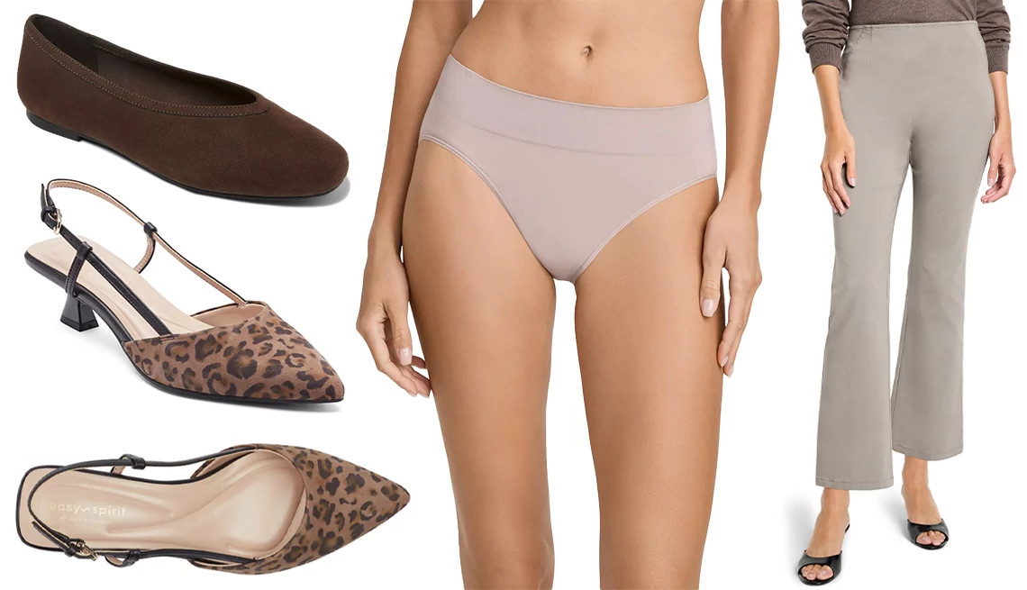 a collage with two different styles of shoes, a pair of women's underwear and a pair of trousers