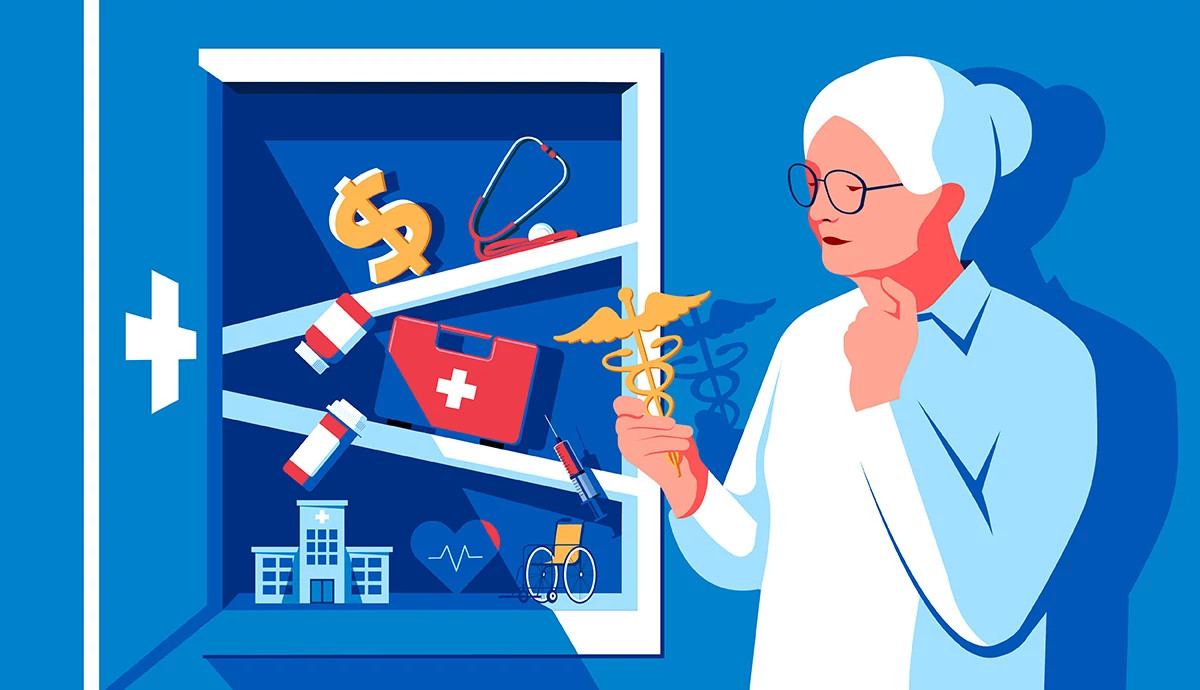 Graphic illustration of an older woman considering healthcare options from an open medicine cabinet.