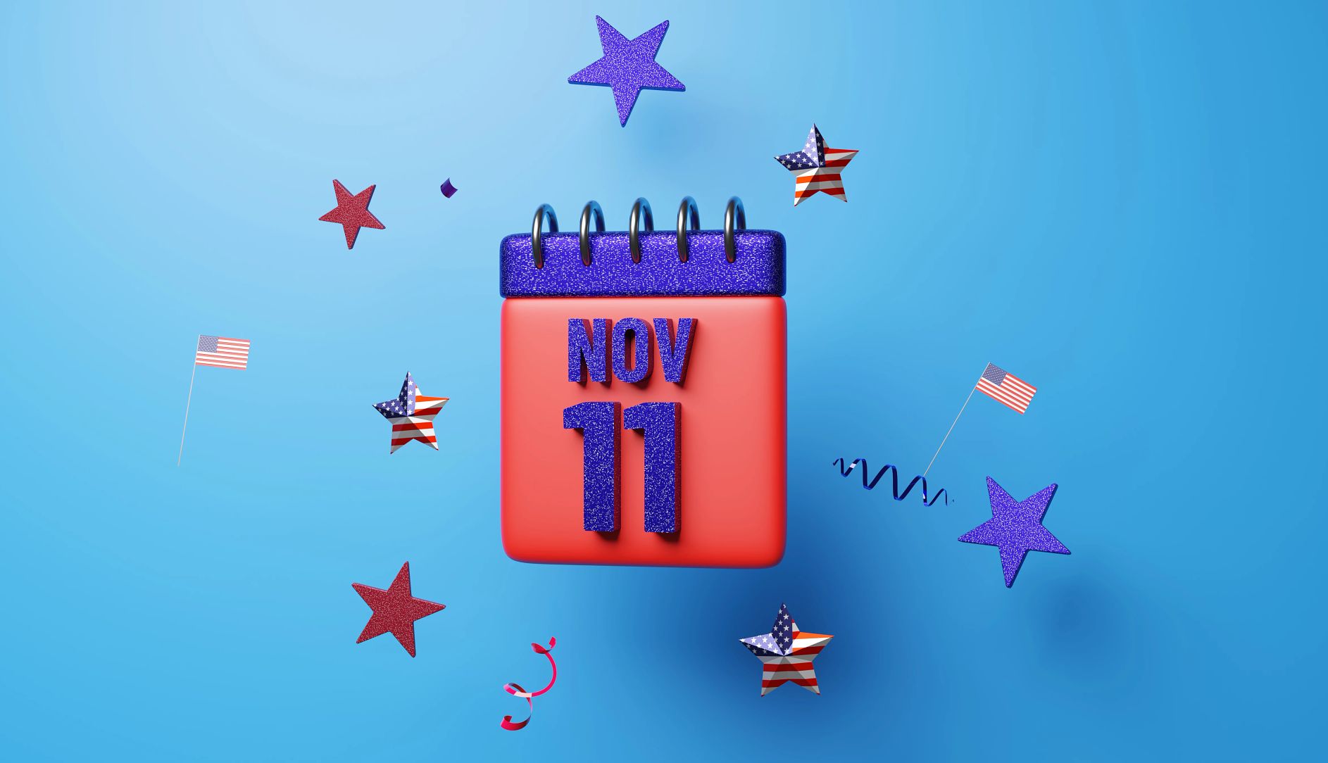 Veterans Day 2024 deals calendar with november eleventh displayed, surrounded by red white and blue stars and flags
