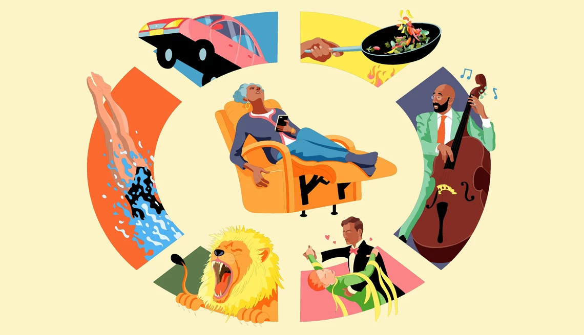 una mujer se relaja con su teléfono inteligente rodeada de imágenes de actividades