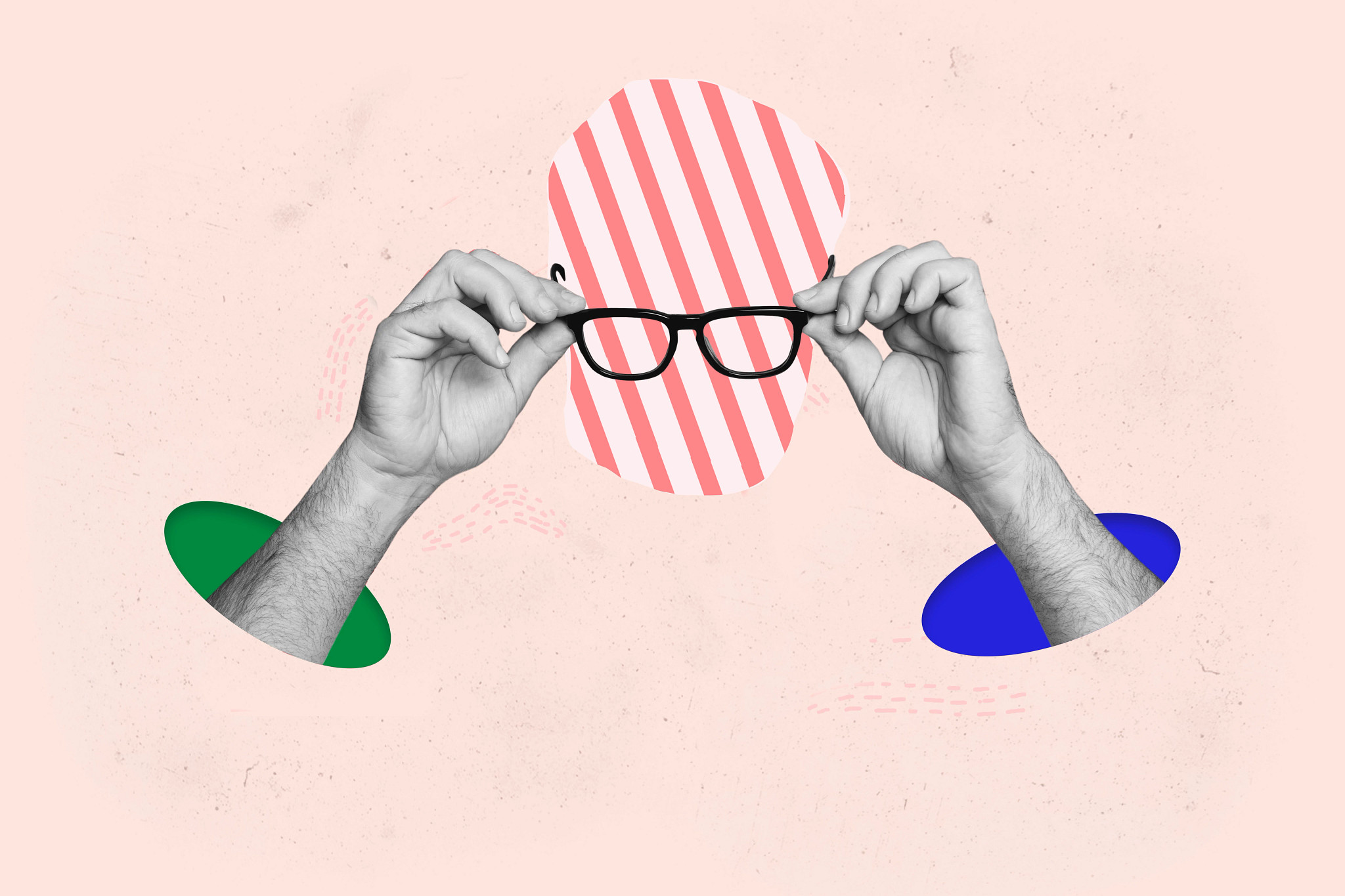 Two hands holding eyeglasses on the silhouette of a person's head.