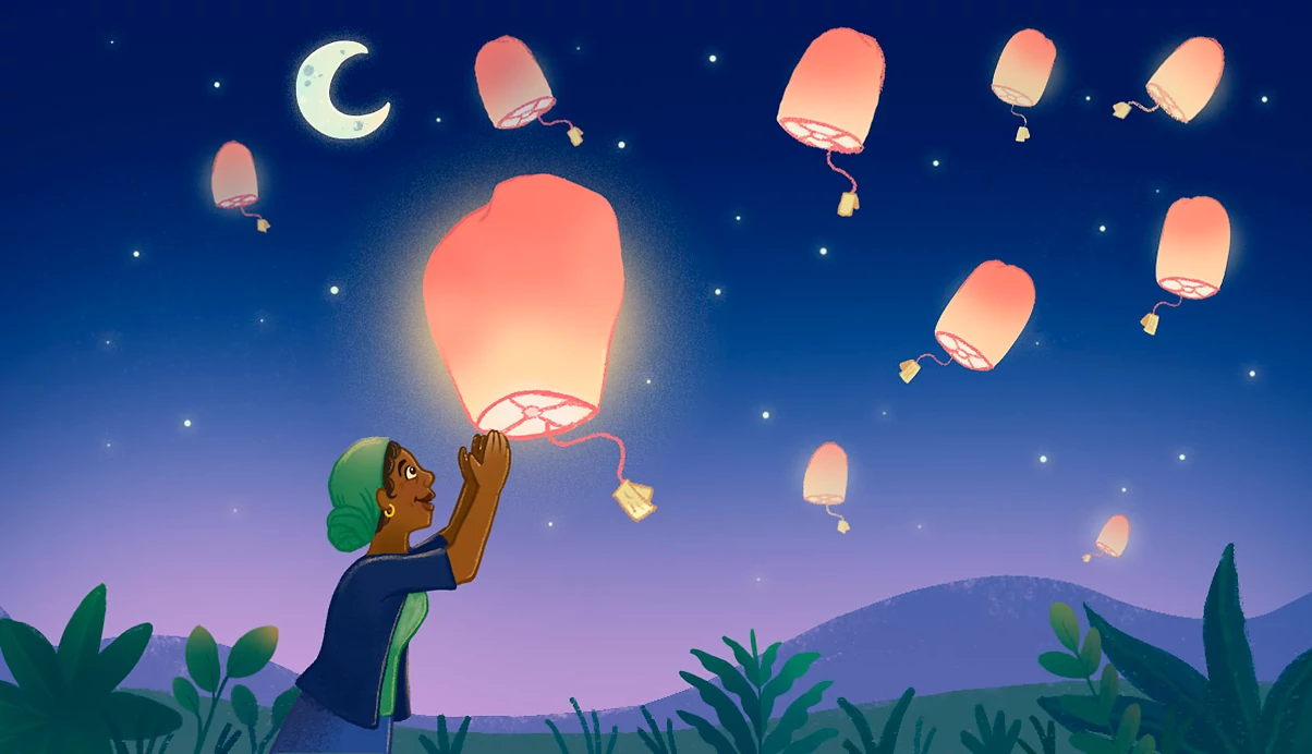 Illustrated nighttime scene showing an older woman releasing a glowing sky lantern into a star-filled sky with multiple floating lanterns and a crescent moon above rolling hills