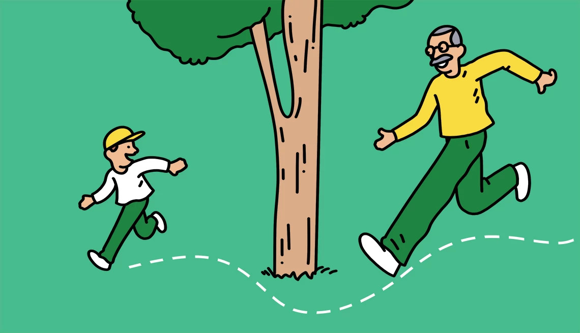 Illustration of older man chasing kid near a tree