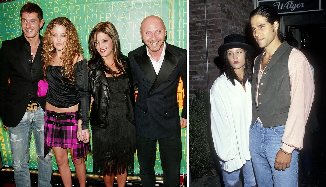 Lisa Marie and daughter, Riley Keough, pose with Stefano Dolce and Domenico Gabbana at a New York City fashion gala in 2003; Lisa Marie and husband, Danny Keough, at a movie premiere in California in 1991