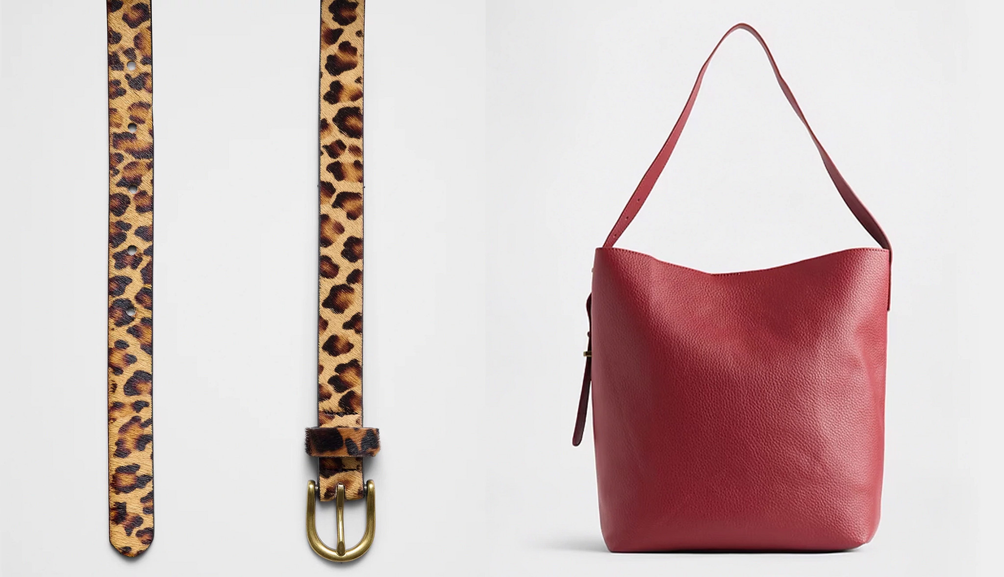 a collage showing an animal print belt and a red leather shoulder bag