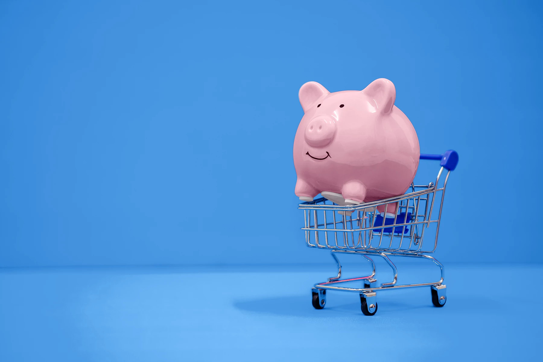 Piggy Bank Inside Shopping Cart on a blue background