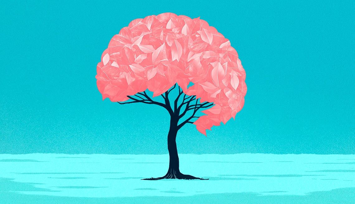 Ilustración de un árbol con copa de hojas rosadas, contra un fondo azul.