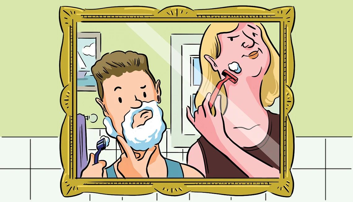 A Woman and Her Whisker The reflection in a bathroom mirror shows a man and a woman shaving their faces in this illustration. The man has shaving cream covering most of his face, the woman just one spot.