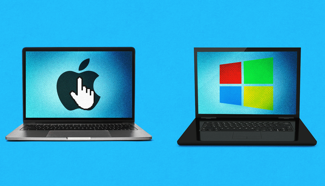 Tech Guru Windows Mac a gif of a macbook next to a windows laptop with a cursor going between the two
