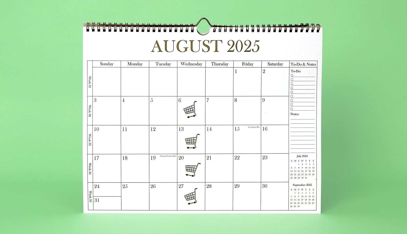 Buy Groceries on Wednesdays a monthly calendar with a shopping cart pictured on every wednesday
