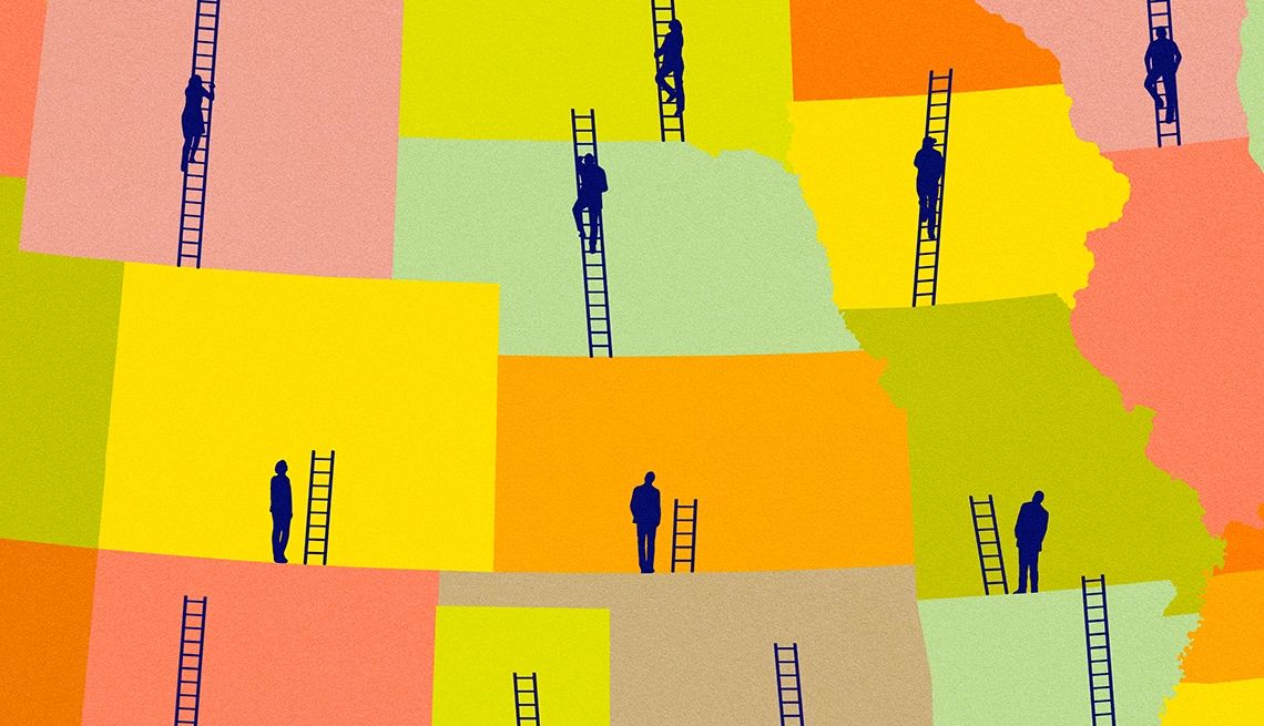 age discrimination data map illustration of a U.S. map with people climbing or looking at a ladder in each state