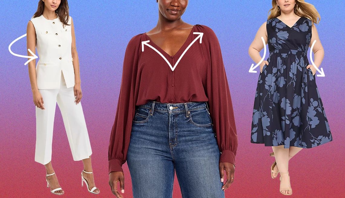 Style Secrets to Look Slimmer a collage of people modeling slimming outfits with arrows showing how they slim the figure