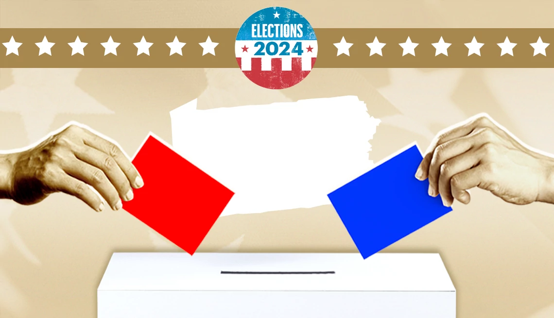 Pennsylvania election poll two hands place a red and blue ballot into ballot boxes