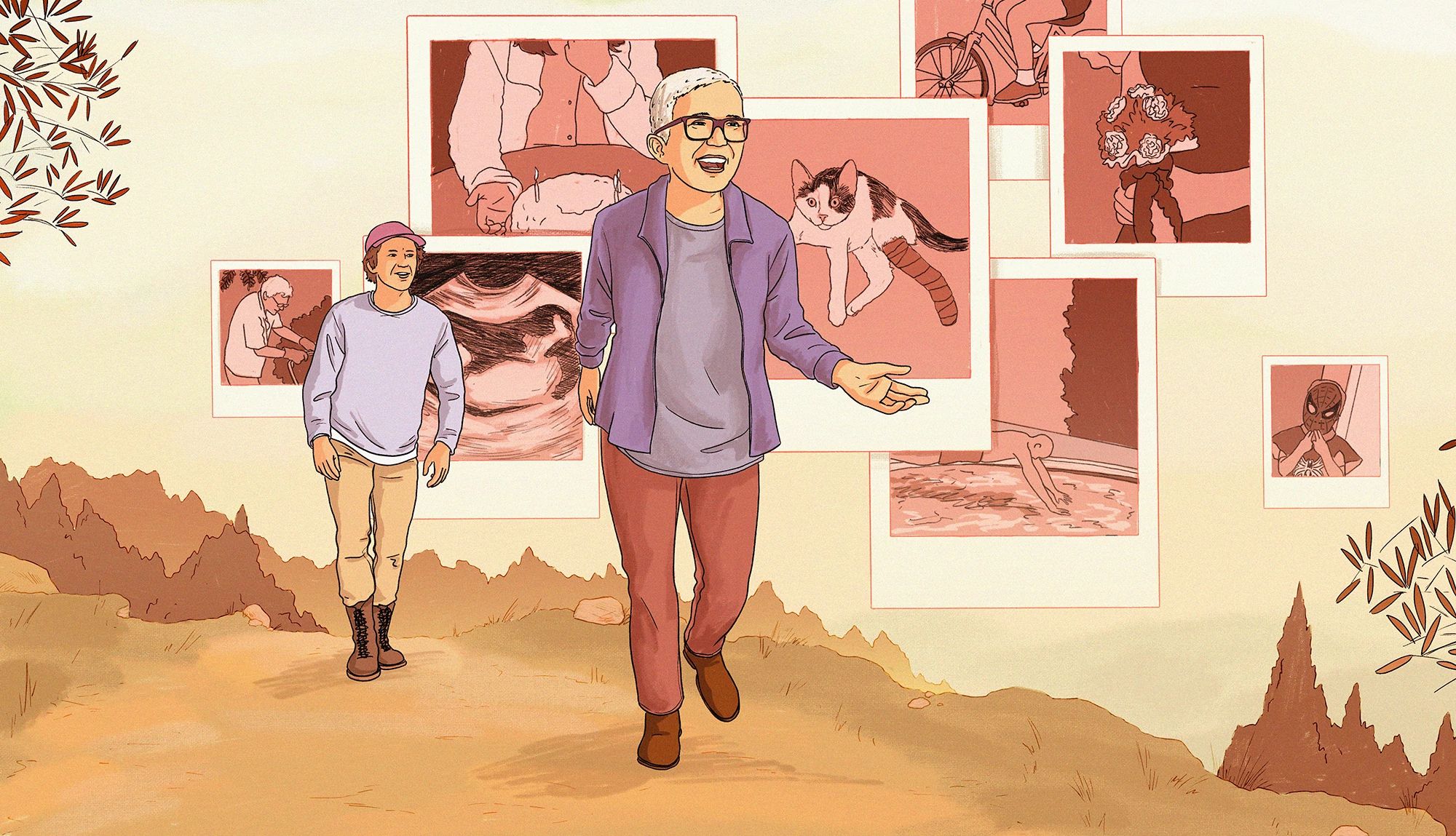 What’s Your Parents’ Story? a sepia-toned illustration shows an older adult woman hiking with her son behind her. Along the way are oversized polaroids of family memories