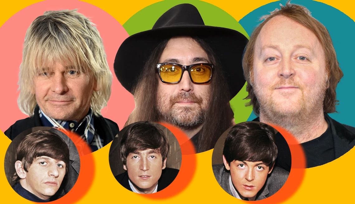 The Beatles’ Sons Release New Music Zak Starkey, Sean Ono Lennon and James McCartney overlaid with photos of their famous Beatle fathers
