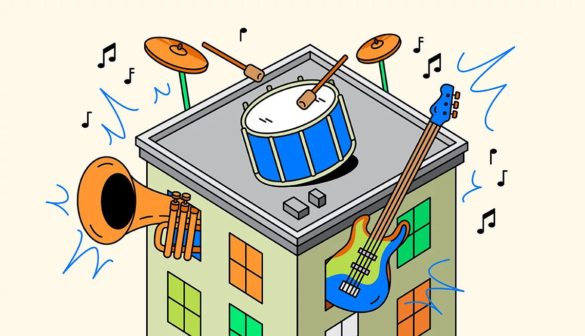 An illustration shows a building with musical instruments bursting from the windows. A drum with mallets is on the roof and there are musical notes surrounding the building.