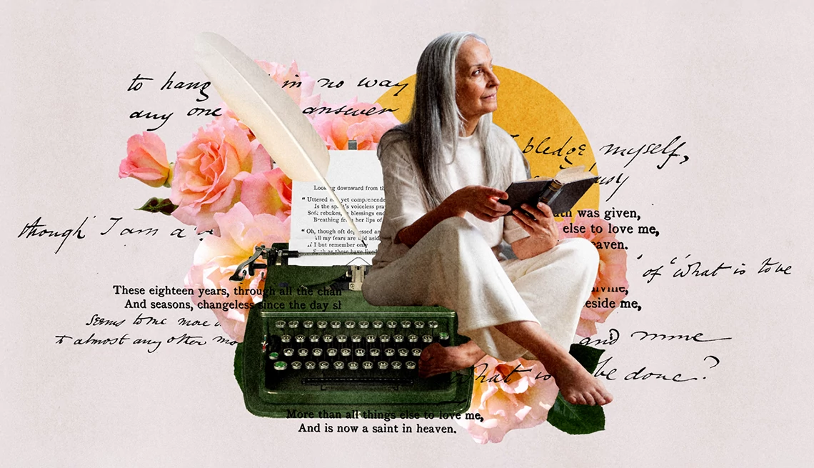 Poetry for People Who (Think They) Don’t Like Poetry a person seated with a book, surrounded by handwritten script and images that evoke creativity and verse