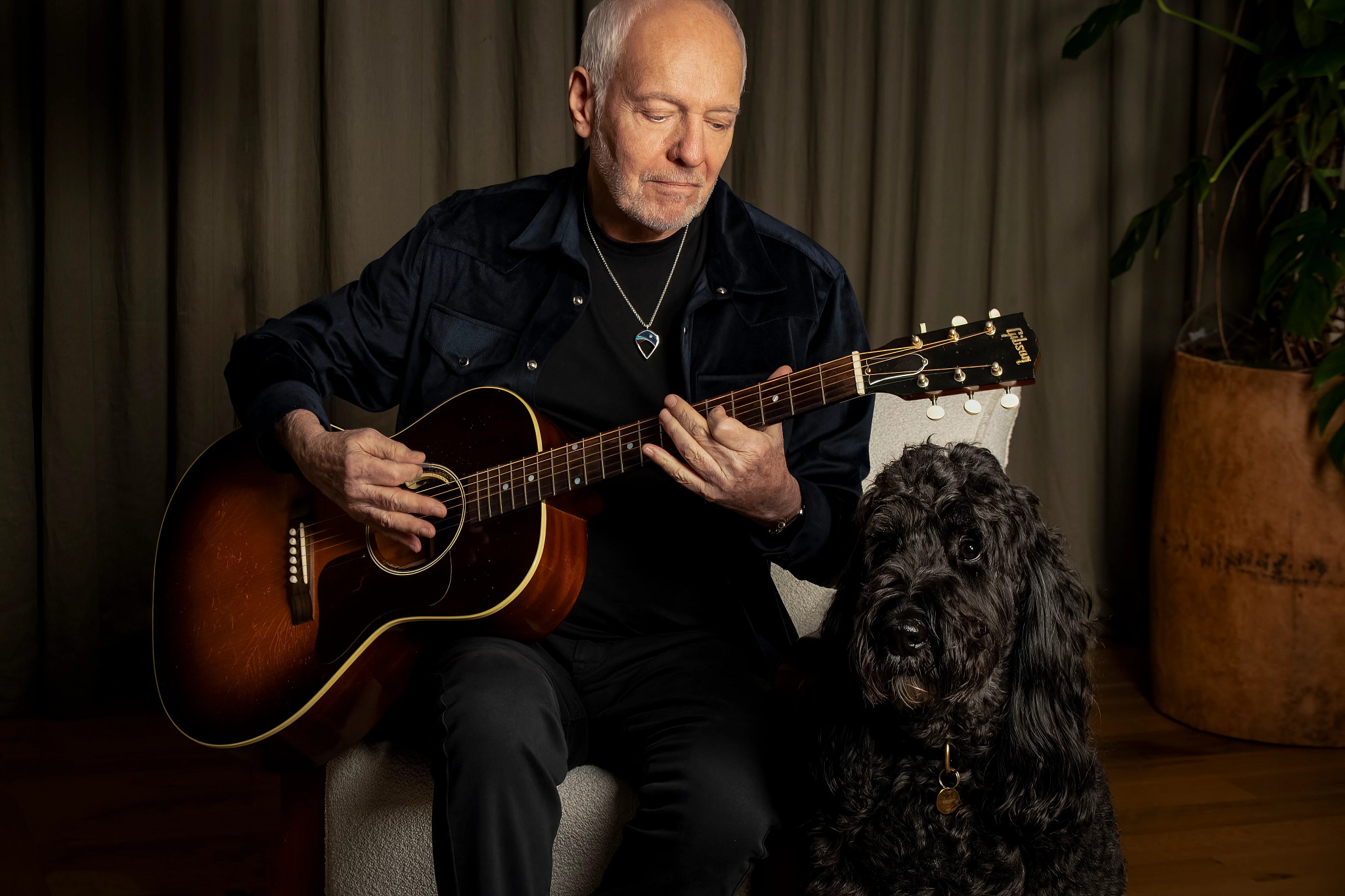 peter frampton, seated while playing a guitar, accompanied by a dog