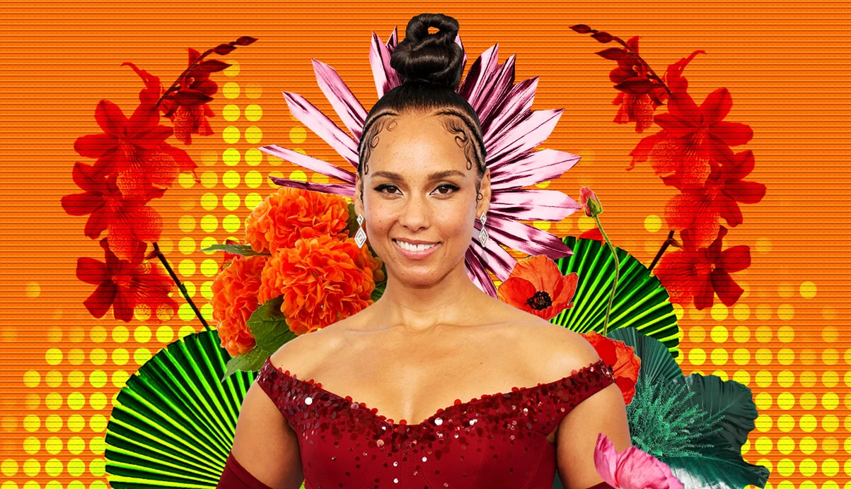 photo collage of alicia keys surrounded by foilage and flowers
