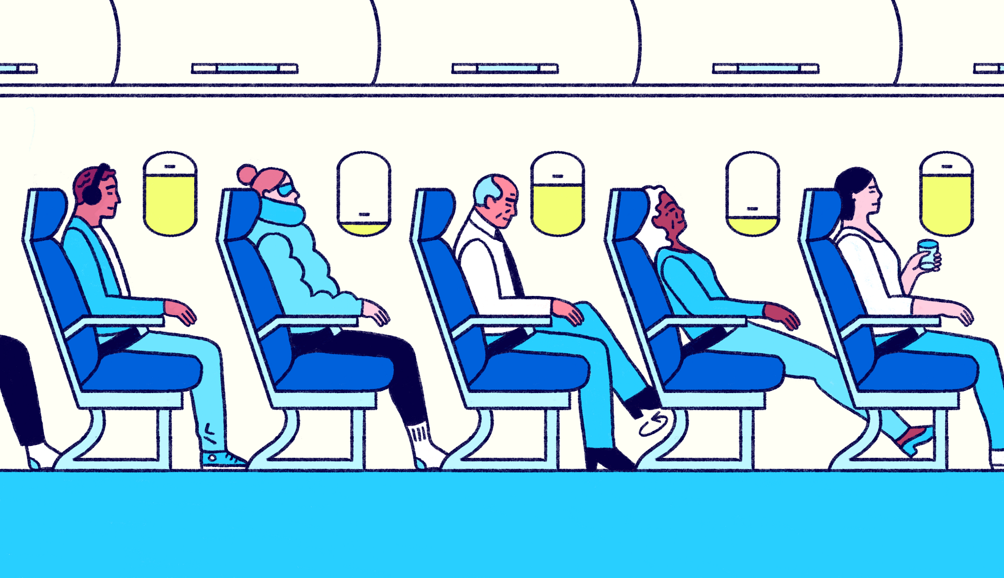 an illustration of people sitting in various rows on an airplane