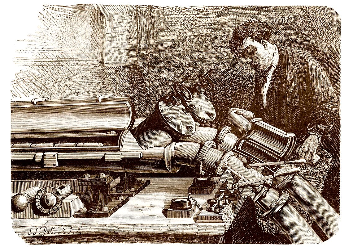 Pneumatic tube operators has all but disappeared a drawing of a pneumatic tube operator