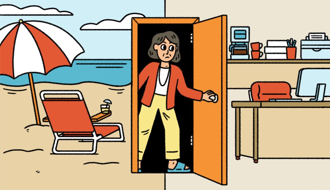 Should You Unretire? a woman walks through a door to two scenes: a beach scene on the left and an office scene on the right