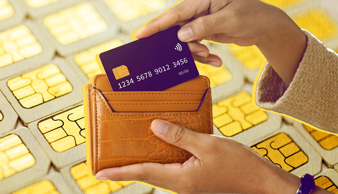 RFID Protection Wallet: Secure Your Cards from Scanning A tan leather RFID-blocking wallet and a credit card with a SIM cards backdrop