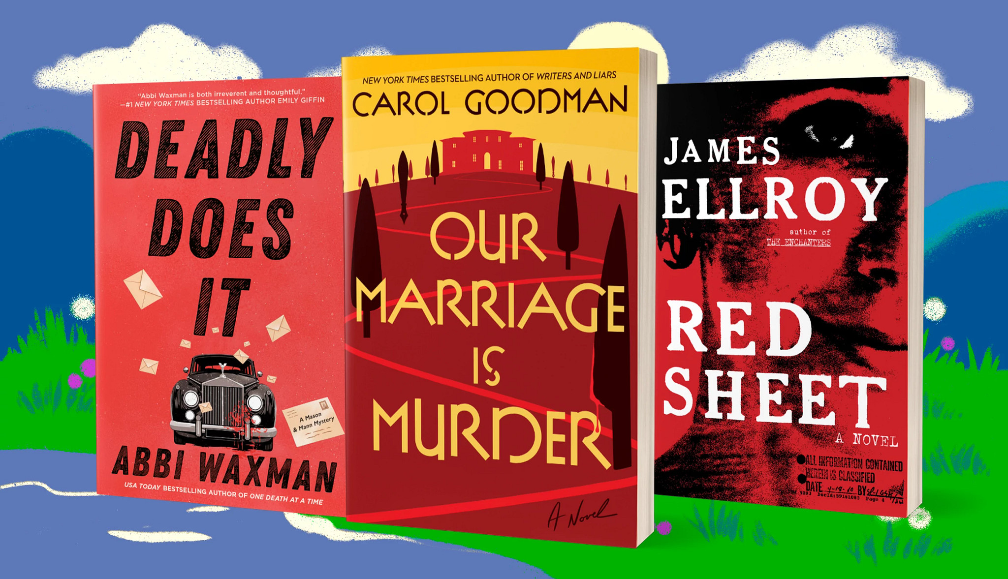 a collage with the covers of the books deadly does it, our marriage is murder, and red sheet