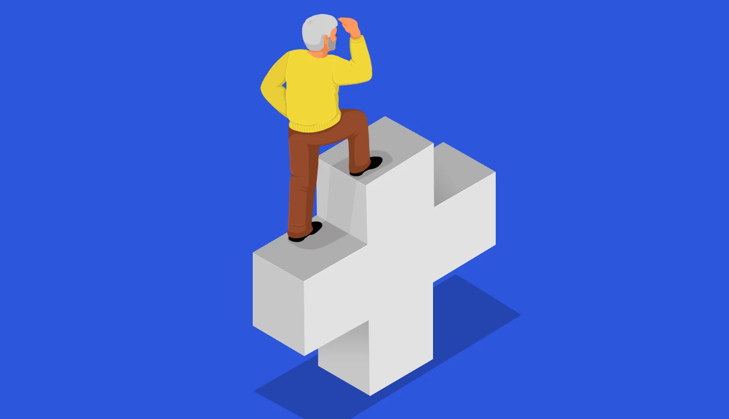 man climbing up a medical cross to see what's ahead
