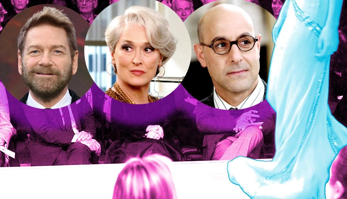 Legacy Cast Members Return in ‘The Devil Wears Prada 2’ a collage with images of Kenneth Branagh, Meryl Streep and Stanley Tucci